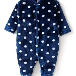 Babyhug Velour Knit Full Sleeves Winter Wear Sleep Suit With Polka Dots Print - Navy Blue-image-93