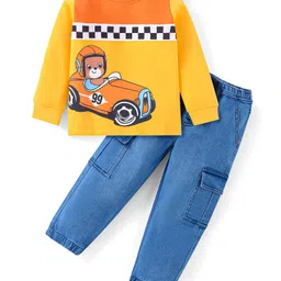 Babyhug Terry Knit Full Sleeves T-Shirt & Denim Jeans Set With Teddy & Car Print - Mustard-image-67