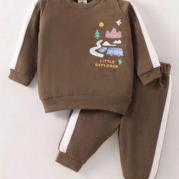 Zero Cotton Knit Full Sleeves Winter Wear Sweatshirt & Joggers Set with Text Print & Tape Detailing - Brown-picture-21