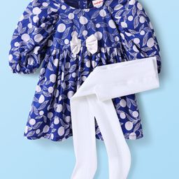 Babyhug Cotton Woven Three Fourth Sleeves Leaf Printed Dress With Bow Applique & Stockings - Navy Blue-picture-13