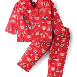 Babyhug Cotton Woven Full Sleeves Night Suit With Teddy Bear & Rainbow Print - Red-picture-37