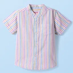 Babyhug Cotton Woven Half Sleeves Mandarin Collar Stripe Shirt - White & Pink-picture-38