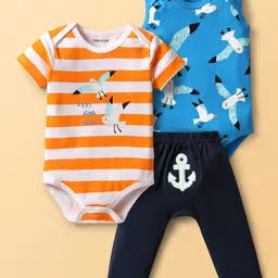 Babyoye 100% Cotton Knit Half Sleeves & Sleeveless Bird Printed Onesies With Leggings - Multicolor image 1