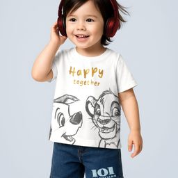 Babyoye Disney Single Jersey Knit Half Sleeves T-Shirt & Shorts Set with Lion King & 101 Dalmatian Graphics - White & Navy Blue-picture-27