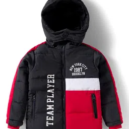 Babyhug Woven Full Sleeves Hooded Padded Jacket With Text Print & Detachable Hood - Red & Navy Blue-picture-36