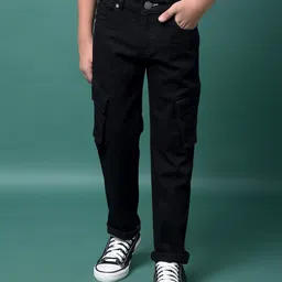 CRIMSOUNE CLUB Cotton Woven Solid Cargo Jeans - Black-picture-24