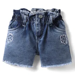 Olio Kids Denim Knit Above Knee Length Solid Colour Shorts With Floral Embriodery - Light Blue-picture-16