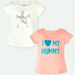 Ariel Cotton Knit Pack Of 2 Half Sleeves Unicorn & Typography Printed Tops - Cream & Orange-picture-34