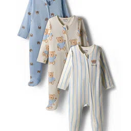 Bonfino 100% Cotton Knit Full Sleeves Footed Sleepsuit With Animal Print Pack Of 3 - Off White Light Blue & White-picture-28