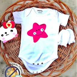 COCOON ORGANICS 100% Cotton Knit Half Sleeves Star Printed Anti Microbial Onesie & Mittens Set - White-picture-16