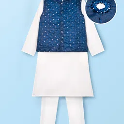 EARTHY TOUCH Cotton Woven Full Sleeves Kurta Pyjama Set with Jacket & Embroidery - Blue-picture-25