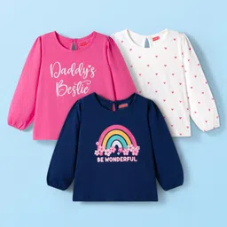 Babyhug 100% Cotton Knit Full Sleeves T-Shirt with Heart & Rainbow Print Pack of 3 - Navy Blue White & Pink-picture-21
