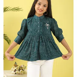 ISHTI Georgette Woven Three Fourth Sleeves Abstract Glitter Printed Bow Applique Detailed Top - Dark Blue-picture-22