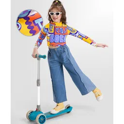 OLLINGTON ST. Cotton-Lycra Full Sleeves Printed Top & Denim Pant Set - Multicolor & Blue-picture-16