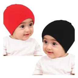 Babymoon Cotton Pack Of 2 Solid Stretchable Cap - Red & Black - Circumference - 17 Cm-image-0