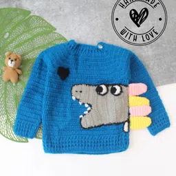 Woonie Handknitted Full Sleeves Dinosaur Designed & Applique Detailed Sweater - Blue-image-13