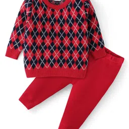 Babyhug Knit Full Sleeves Pullover Sweater & Pant Set Diamond Design - Red image 2