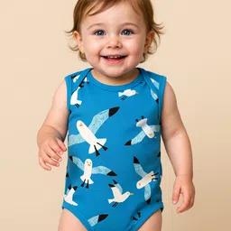 Babyoye 100% Cotton Knit Half Sleeves & Sleeveless Bird Printed Onesies With Leggings - Multicolor image 2