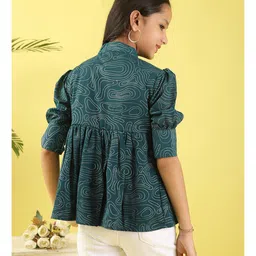 ISHTI Georgette Woven Three Fourth Sleeves Abstract Glitter Printed Bow Applique Detailed Top - Dark Blue image 3