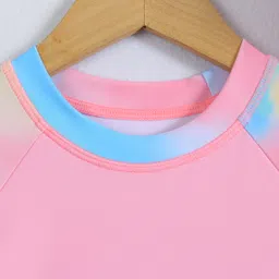 Pine Kids Full Raglan Sleeves Two Piece Swimsuit With Tie & Dye Print & Swimming Cap - Pink image 3