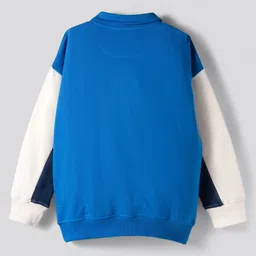 Primo Gino 100% Cotton French Terry Oversized Drop Shoulder Full Sleeves Color Block High Neck Zipper Sweatshirt and Jogger Set with Kangaroo Pockets Chelsea Text Print - White & Blue image 4