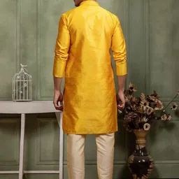 PulseIQ Men Yellow Ethnic Dupion Silk Mandarin Collar Straight Kurtas image 5