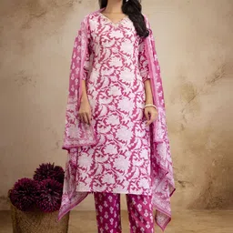 MANJALI DESIGN Women Floral Printed Regular Mirror Work Pure Cotton Trousers & With Dupatta image 5