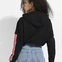 Campus Sutra Striped Hooded Cotton Crop Pullover Sweatshirt image 5