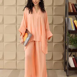 Ambraee V-Neck Three Quarter Sleeve Chanderi Tunic With Trouser Co-Ords Set image 3