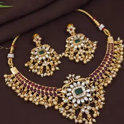SGA FASHION Gold Plated Artificial Stones Studded & Pearls Beaded Necklace With Earrings-picture-16