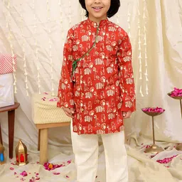 KID1 Boys Animal Printed Mandarin Collar Pure Cotton Kurta With Pyjamas-picture-47