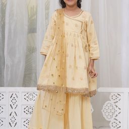 Little Bansi Girls Ethnic Motifs Printed Regular Sequinned Pure Cotton Kurta with Sharara & With Dupatta-picture-13