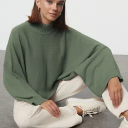 Trendyol Yeil Women Open Knit Mock Collar Pullover-picture-18