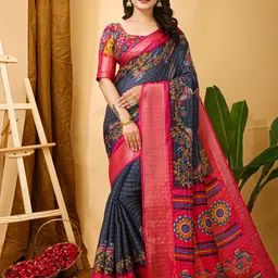KALINI Checked Woven Zari Floral Cotton Saree With Unstitched Blouse Piece-image-61