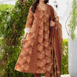 JAIMINI Floral Printed V-Neck Pure Cotton Kurta With Trousers & Dupatta image 2