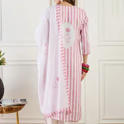 Indo Era Women Striped Regular Thread Work Linen Kurta with Trousers & With Dupatta image 2