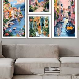 Kotart Blue & Pink 4 Pieces Coastal Townscapes Wooden Wall Arts-picture-45