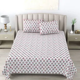 Wayne Martin Pink & White Floral 300 TC Pure Cotton King Bedsheet With 2 Pillow Covers-image-54