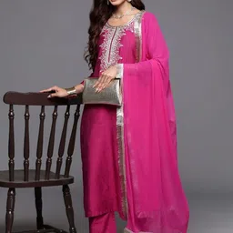 YAMUNE Women Embroidered Regular Thread Work Kurta with Trousers & With Dupatta image 2