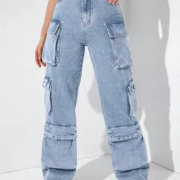 Glossia Nova Women Comfort Wide Leg High-Rise Heavy Fade Acid Wash Stretchable Cargo Jeans-image-17