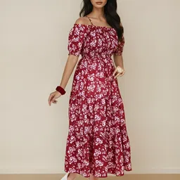 FIXOCRA Women Floral Printed Puff Sleeve Smocked Fit and Flare Midi Dress-image-4
