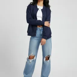 glitchez Stand Collar Drop-Shoulder Sleeves Typography Bomber Jacket image 2