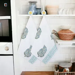 Texstylers 2-Pcs White & Green Printed Pure Cotton 300 GSM Hand Towels-picture-20