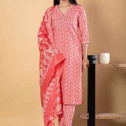 Readiprint Floral Printed Pure Cotton V Neck Straight Kurta With Palazzos And Dupatta-picture-11