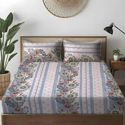 WEAVE AND DECOR Pink & Grey Floral 300 TC Bedsheet with 2 Pillow Covers-image-77