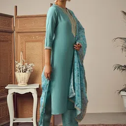 HERE&NOW Women Ethnic Motifs Embroidered Regular Sequinned Kurta with Trousers & With Dupatta image 5