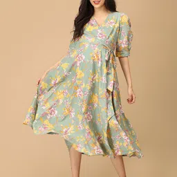 The Mom Store Women Floral Printed Belted Maternity Wrap Dress-picture-24