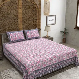 CLOTHOLOGY Pink & White Ethnic Motifs 180 TC King Bedsheet with 2 Pillow Covers-picture-37