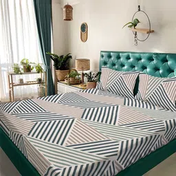 Arrabi White & Blue Geometric 350 TC King Bedsheet with 2 Pillow Covers-picture-42
