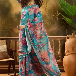 HERE&NOW Floral Zari Linen Blend Handloom Saree image 3